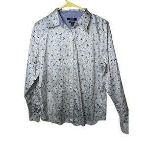Chaps By Ralph Lauren Women's Shirt Button Up White Blue Floral Polka Dot Sz L